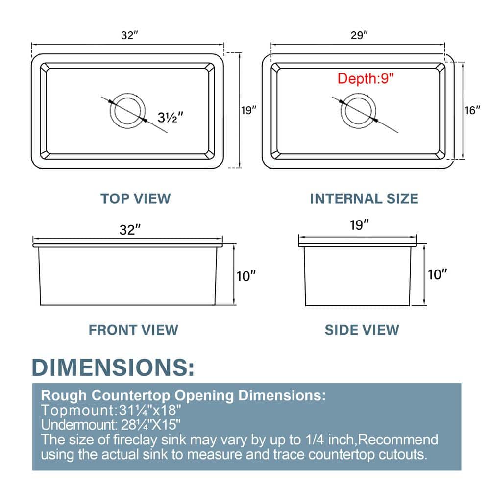 32'' White Fireclay Single Bowl Undermount Kitchen Sink