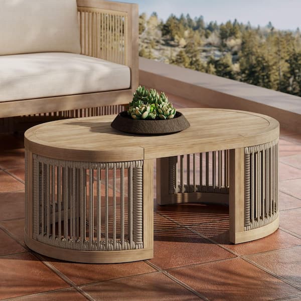 Remy Village Patio Solid Wood and Rope Woven Oval Outdoor Coffee Table, Light Teak Finish