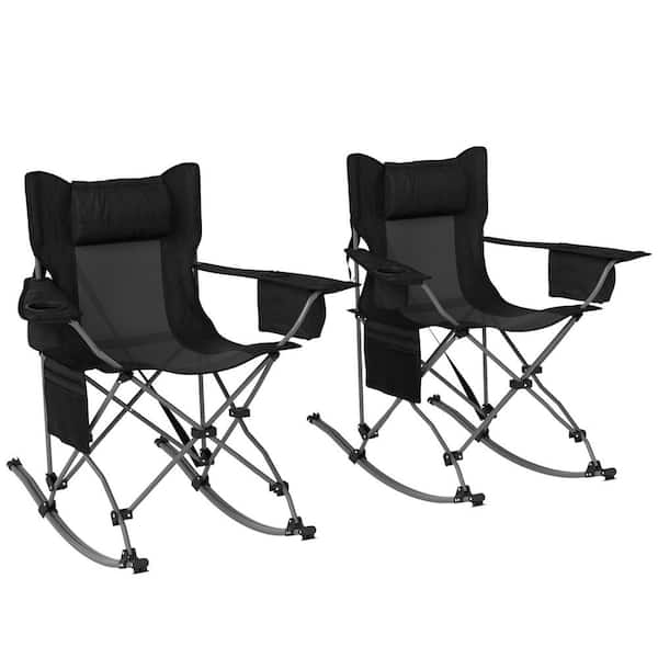 Folding Rocking Camping Chairs, Portable Outdoor Rocking Chairs with Headrest, Cup Holder, Carry Bag 2 Pack, Black