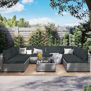 Gray 9-Piece Wicker Patio Conversation Set with Dark Gray Cushions and Coffee Table