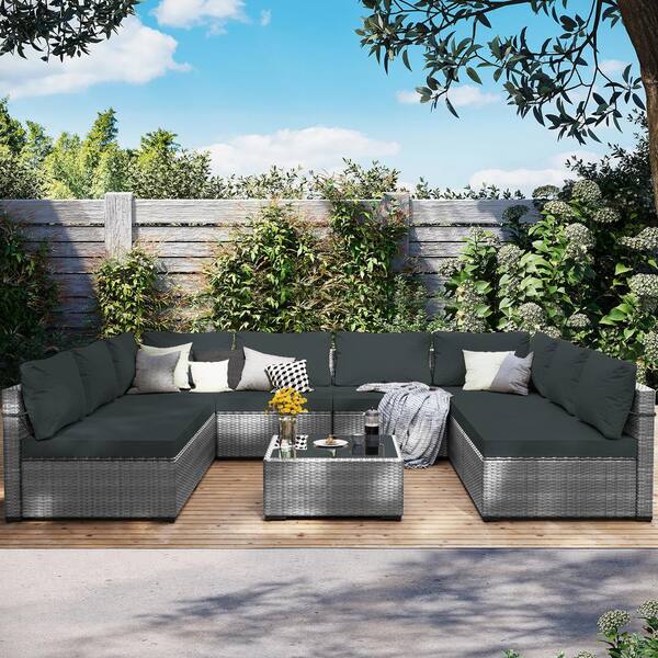 UPHA Gray 9-Piece Wicker Patio Conversation Set with Dark Gray Cushions and Coffee Table