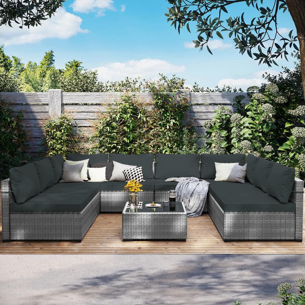 Gray 9-Piece Wicker Patio Conversation Set with Dark Gray Cushions and Coffee Table price history on PriceWatchPro