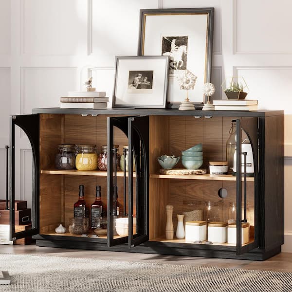 Black Solid Wood Sideboard Buffet Cabinet with Glass Doors and Adjustable Shelves
