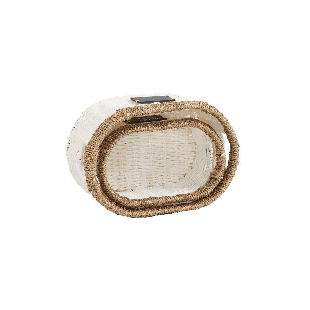 White Oval Seagrass and Paper Rope Storage Baskets, Set of 2