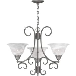 3-Light Antique Silver Chandelier with Alabaster Glass Bell Shades
