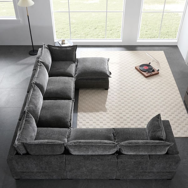 118 in. Modular U Shaped Chenille Free Combination 7 Seat Sectional Sofa in Gray with Movable Storage Ottoman