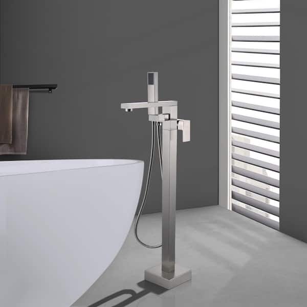 Single-Handle High Flow Floor Mount Freestanding Tub Faucet with Hand Shower in Brushed Nickel