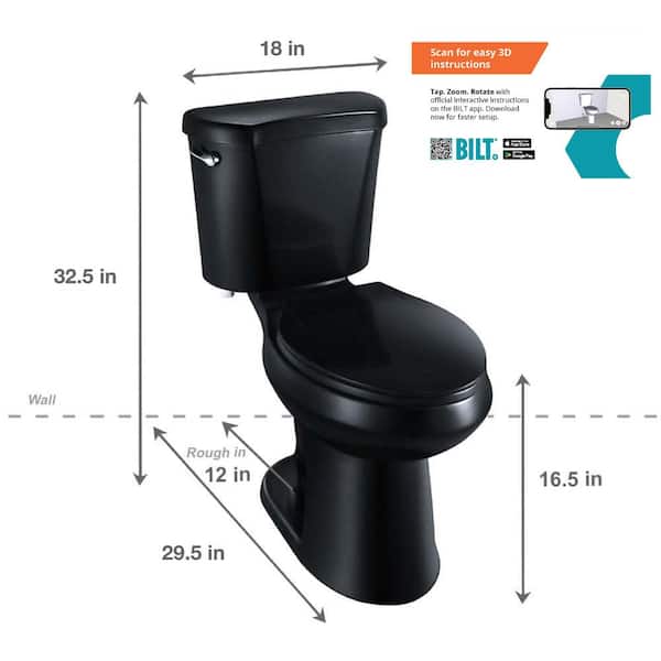 12 inch Rough In Two-Piece 1.28 GPF Single Flush Elongated Toilet in Black Seat Included