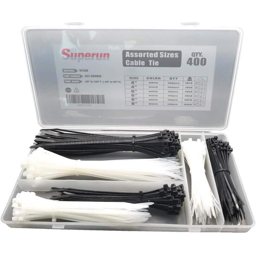 400 Pieces Assorted Sizes 4 in., 6 in., 8 in. Mix UV Resistant Nylon Cable Zip Ties with Divided Box, Black and White price history on PriceWatchPro