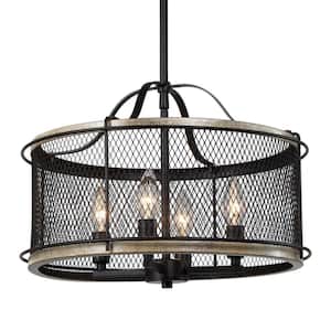 4-Light Farmhouse Chandelier with Matte Black and Wooden Texture