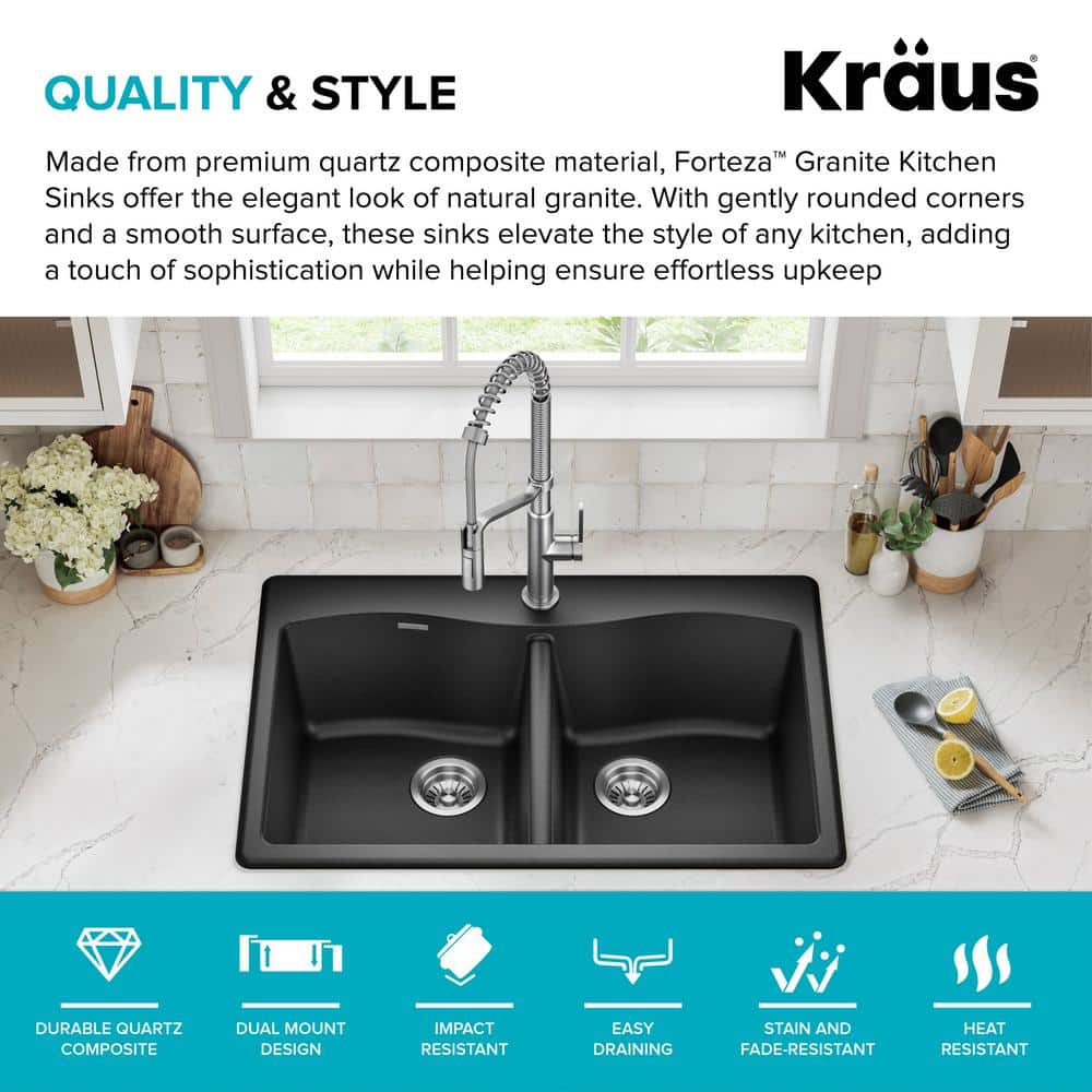 33-Inch Black Granite Double Bowl Drop-In Kitchen Sink
