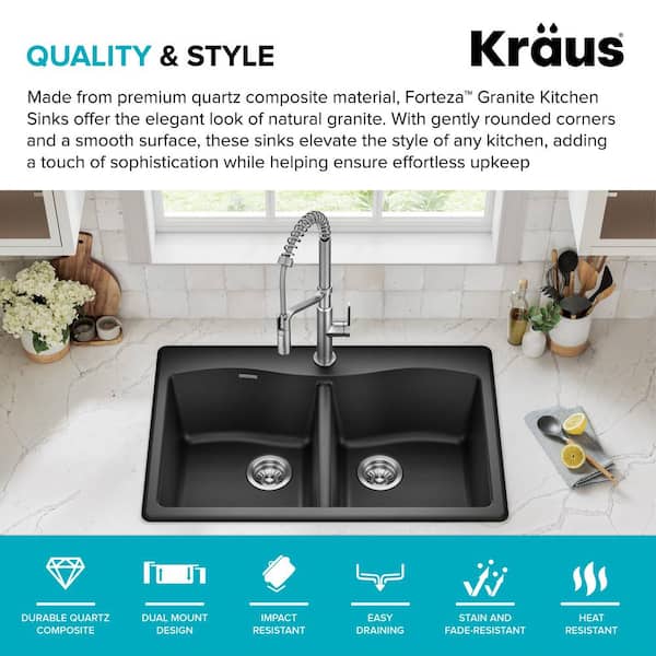 Forteza All-in-One Drop-In/Undermount Granite Composite 33 in. 1-Hole 50/50 Double Bowl Kitchen Sink in Black