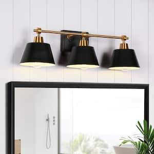 Modern 24.6 in. 3-Light Black Vanity Light with Bell Black Metal Shades Brass Wall Light for Bathroom and Powder Room