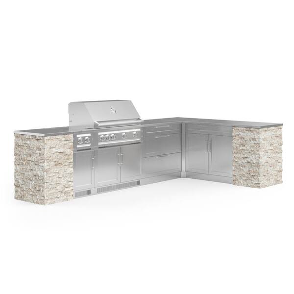 NewAge Products Signature Series Stainless Steel 11-Piece L Shape Outdoor Kitchen Cabinet Set with Liquid Propane Platinum 40 in. Grill