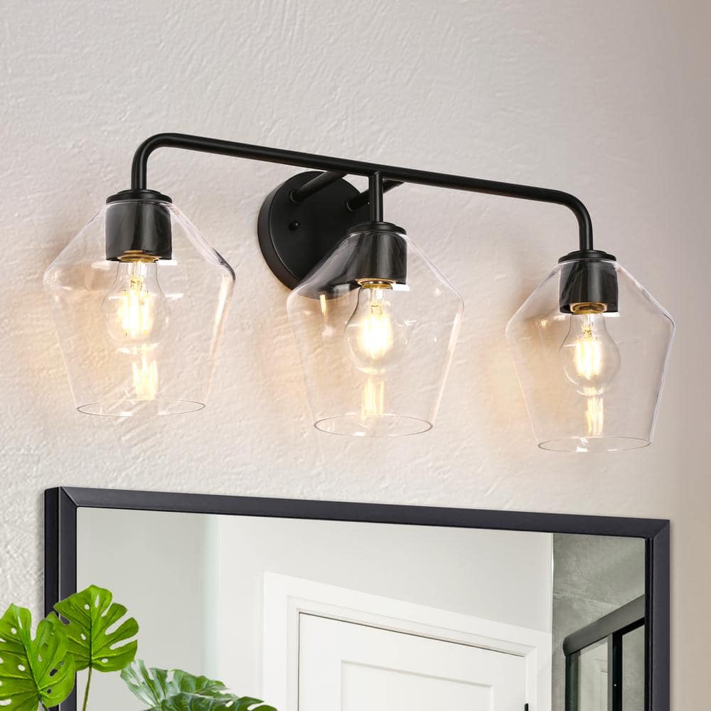 24.5 in. 3-Light Industrial Matte Black Geometric Bathroom Vanity Light with Clear Glass Shades price history on PriceWatchPro