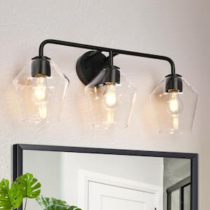 24.5 in. 3-Light Industrial Matte Black Geometric Bathroom Vanity Light with Clear Glass Shades