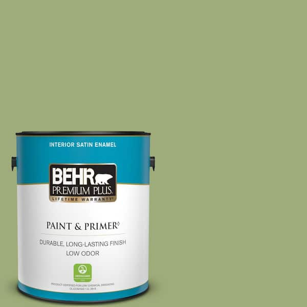 BEHR PREMIUM PLUS 1 gal. #BIC-12 Siamese Green Satin Enamel Low Odor Interior Paint & Primer