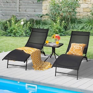 Folding Metal Outdoor Lounge Chair Recliner Adjustable Stackable Deck Black (Set of 2)