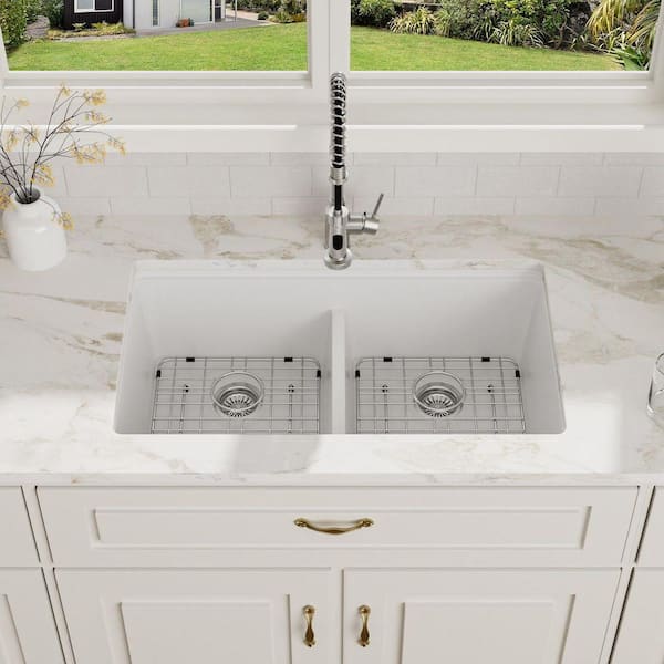 Logmey 33 in. White Undermount Workstation Sink Low Divide Double