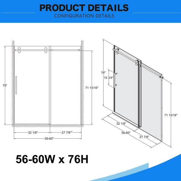 ANGELES HOME 60 in. W x 76 in. H Sliding Frameless Shower Door in Chrome Finish with Clear Glass 3/8 in. (10mm) Tempered and Buffer