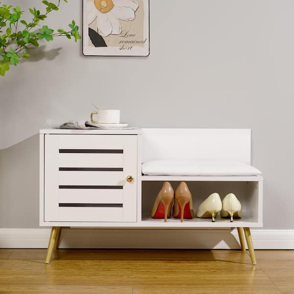 VECELO Shoe Storage Cabinet with Adjustable Shelf Entryway Bench Louvered Door Removable PU Seat Cushion and Backrest, White