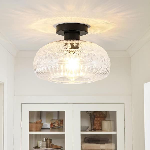 Adarna 1-Light 11.02 in. Matte Black Traditional Patterned Jar-Shaped Glass Semi-Flush Mount Ceiling Light