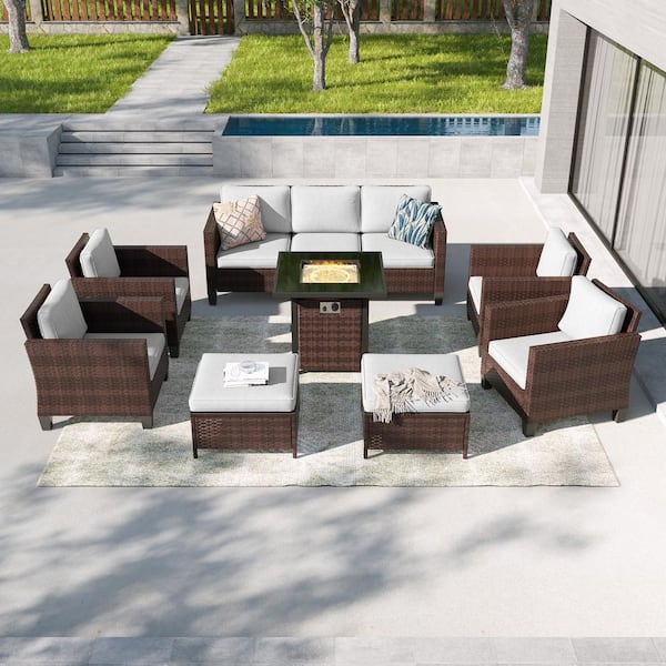 8-Pieces Patio Conversation Set with Square Fire Pit Table, Brown Wicker Wide Armrests Sofa with Linen Gray Cushion