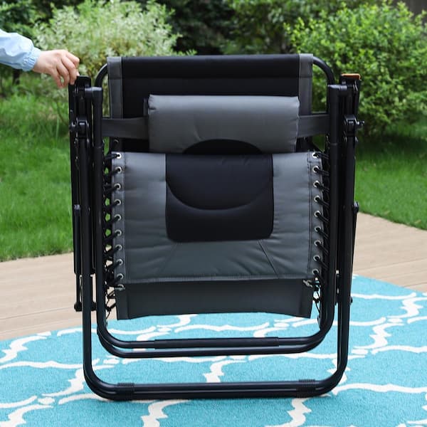 Phi Villa Black and Grey Metal Oversized Padded Folding Zero Gravity Chair with Cup Holder Outdoor Patio Adjustable Recliner