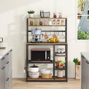 Bachel Rustic Brown Baker's Rack with Hooks and Storage Shelves