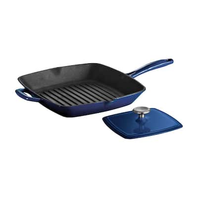 Gourmet 11.5 in. Enameled Cast Iron Grill Pan in Gradated Cobalt with Bacon Press