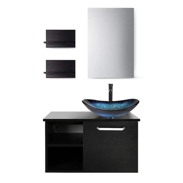 28 in. W x 19 in. D x 16 in. H Single Sink Black Bath Vanity with Blue Solid Surface Top Sink and Mirror