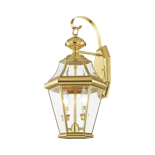 AVIANCE LIGHTING Cresthill 20.75 in. 2-Light Polished Brass Outdoor Hardwired Wall Lantern Sconce with No Bulbs Included