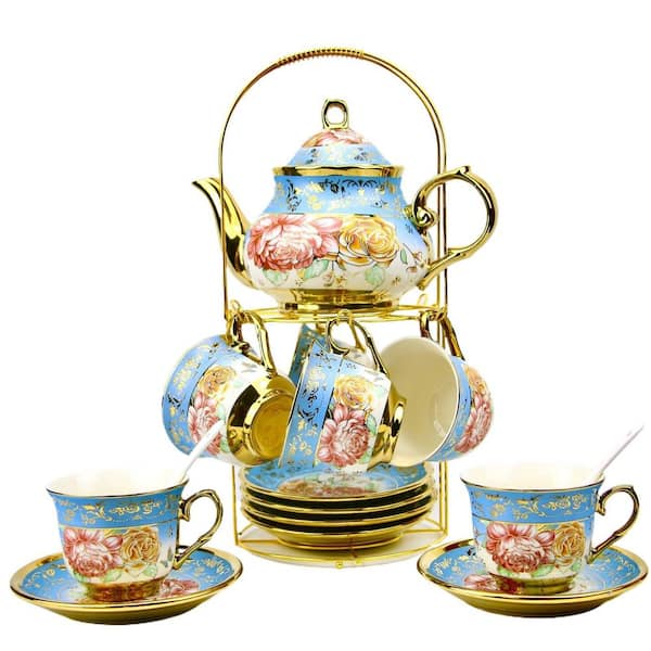 20 Piece Porcelain European Tea Set, Flower Painting, Ceramic, White Finish, For Coffee Tea, Metal Holder