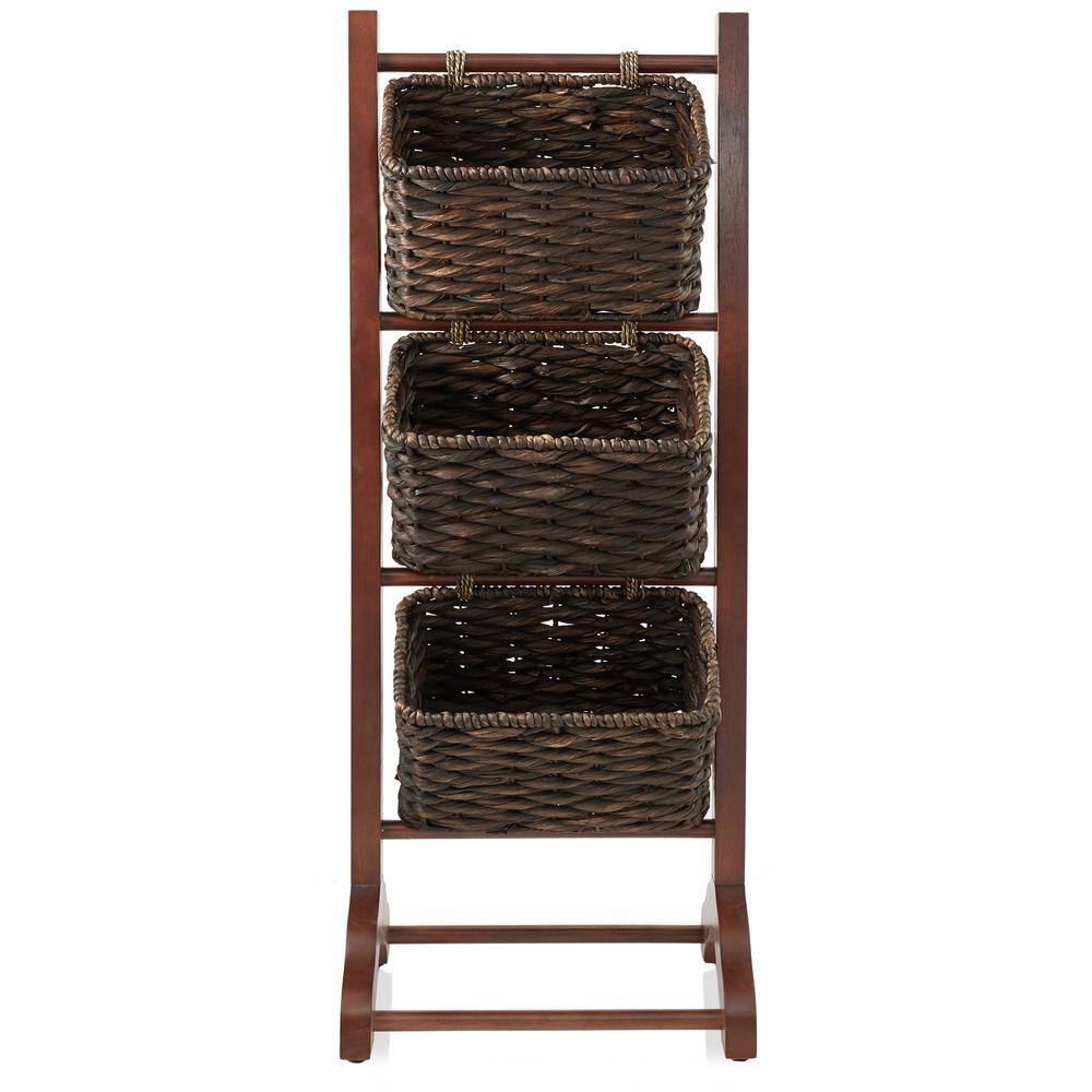 Walnut 3-Tier Floor Stand with Water Hyacinth Baskets