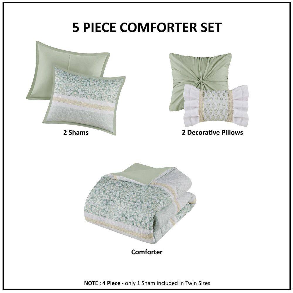 Green Seersucker Floral Full Comforter Set with Throw Pillows