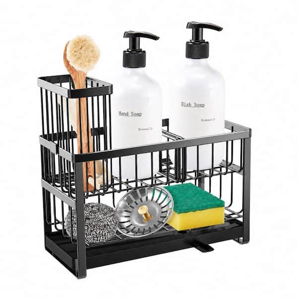 2-Tier Stainless Steel Kitchen Sink Caddy Organizer with High Brush Holder and Soap Tray, Black