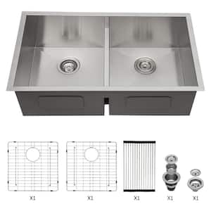 33 in. Undermount Double Bowl (50/50) 16 Gauge Brushed Nickel Stainless Steel Kitchen Sink with Drying Rack