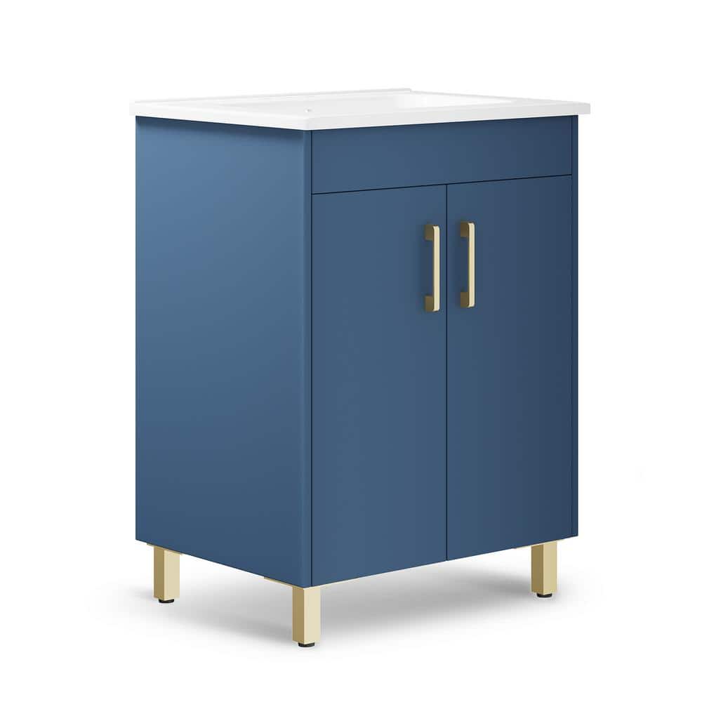 24 In. Single Sink Freestanding in Blue Bath Vanity with White Ceramic Top 