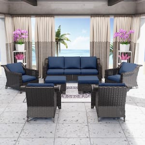 7-Piece Wicker Outdoor Patio Conversation Set Sectional Sofa and Ottomans with Navy Blue Cushions
