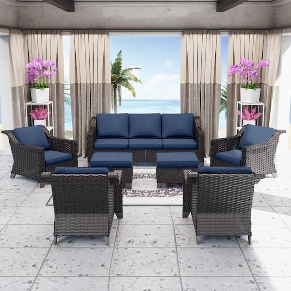 Gardenbee 7-Piece Wicker Outdoor Patio Conversation Set Sectional Sofa and Ottomans with Navy Blue Cushions