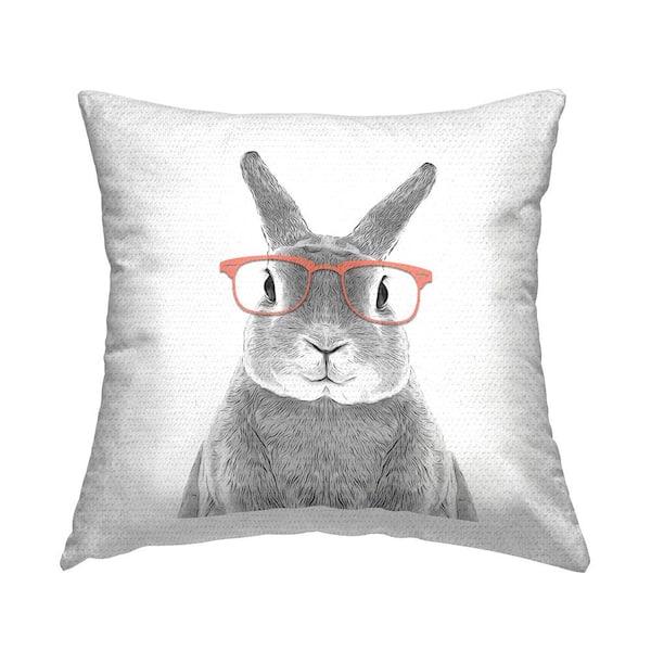 Stupell Industries Smiling Bunny Rabbit Pink Glasses Animal Grey Square Outdoor Throw Pillow