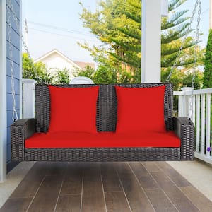 2-Person Patio Rattan Hanging Porch Swing Bench Chair Red Cushion
