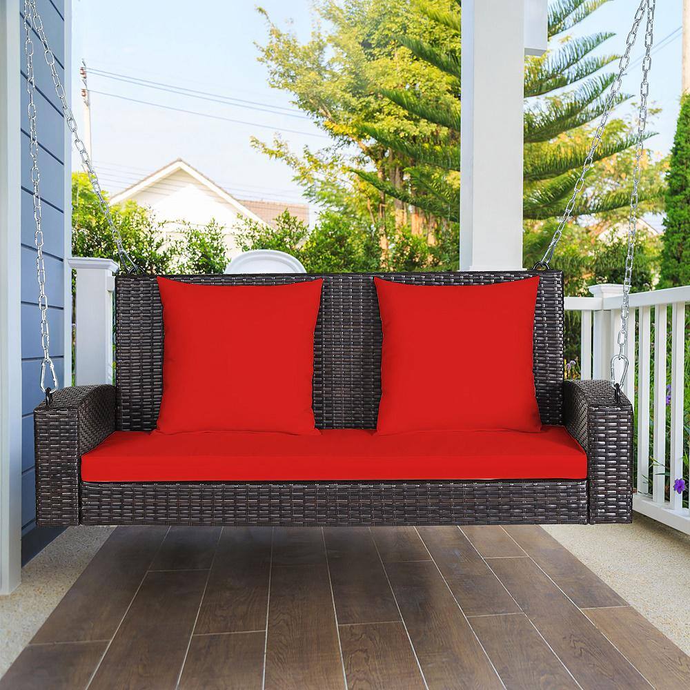 Red 2-Person Rattan Porch Swing with Cushions