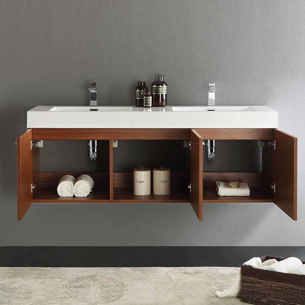 Teak Wall-Mounted Double Vanity with White Acrylic Sink