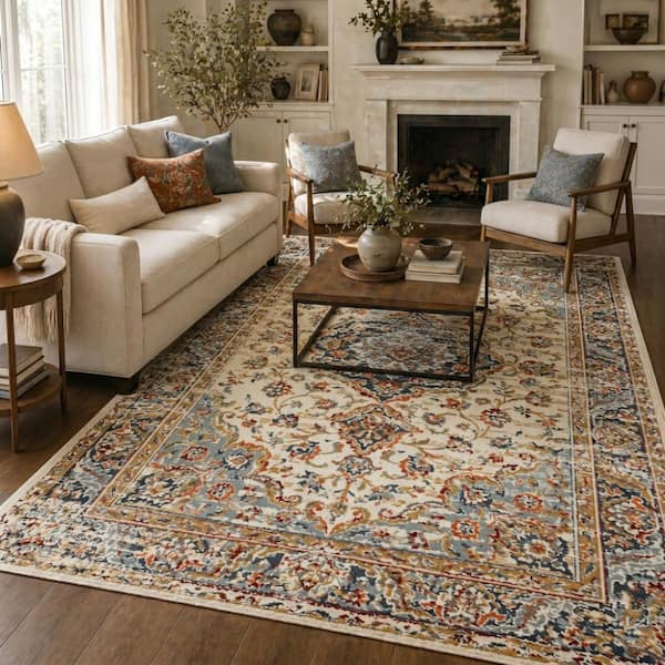 Allure 8 x 10 Ivory/Navy Blue Medallion Pattern Area Rug for High Traffic Living Room Dining Room Bedroom