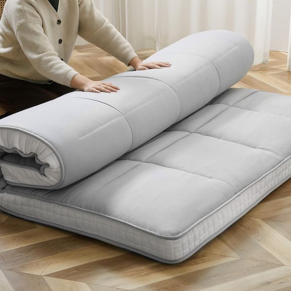 BOZTIY Japanese Floor Mattress 4 in, Polyester Fill Tatami Mat Sleeping Pad Foldable Roll Up Mattress, Full, Gray