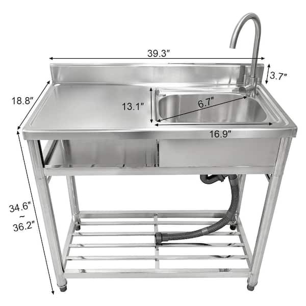 Stainless Steel Free Standing Kitchen Sink Outdoor Commercial Restaurant Washing Hand Basin Set w/Faucet,Utility Single Bowl Pool w/Workben 並行輸入品 Stainless Steel Utility Sink kitchen Sink Free Standing Single Plumbing  Workbench Storage Commercial Sink
