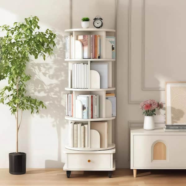 360°Rotating 56 in. H White Wooden 5 Shelf Corner Bookcase with Drawer  and Universal Wheels for Book, Toy or Collection