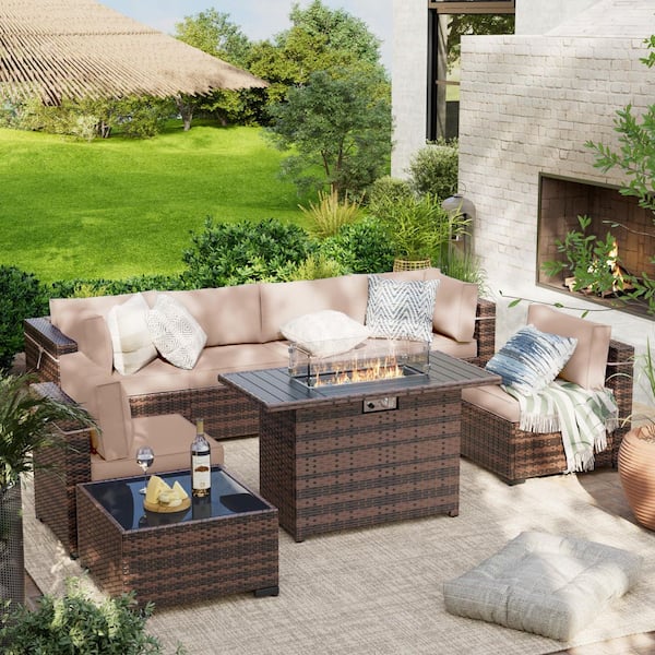 7-Piece Wicker Patio Conversation Sectional Seating Set With Beige Cushions With Fire Pit Table
