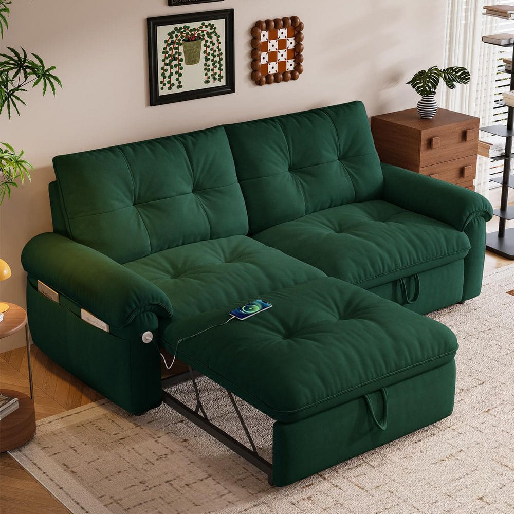 Nova 77.2 in. Green Velvet 2-in-1 Convertible Sleeper Full Size Sofa Bed with Storage Pocket, Charging Ports